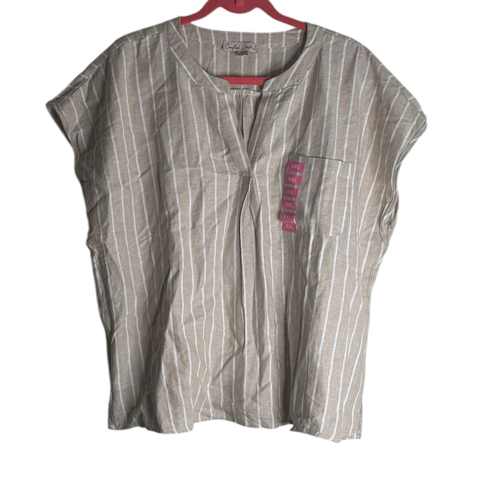 NWT Coastal Comfort Tan Striped Linen Blend Blouse Size XXL